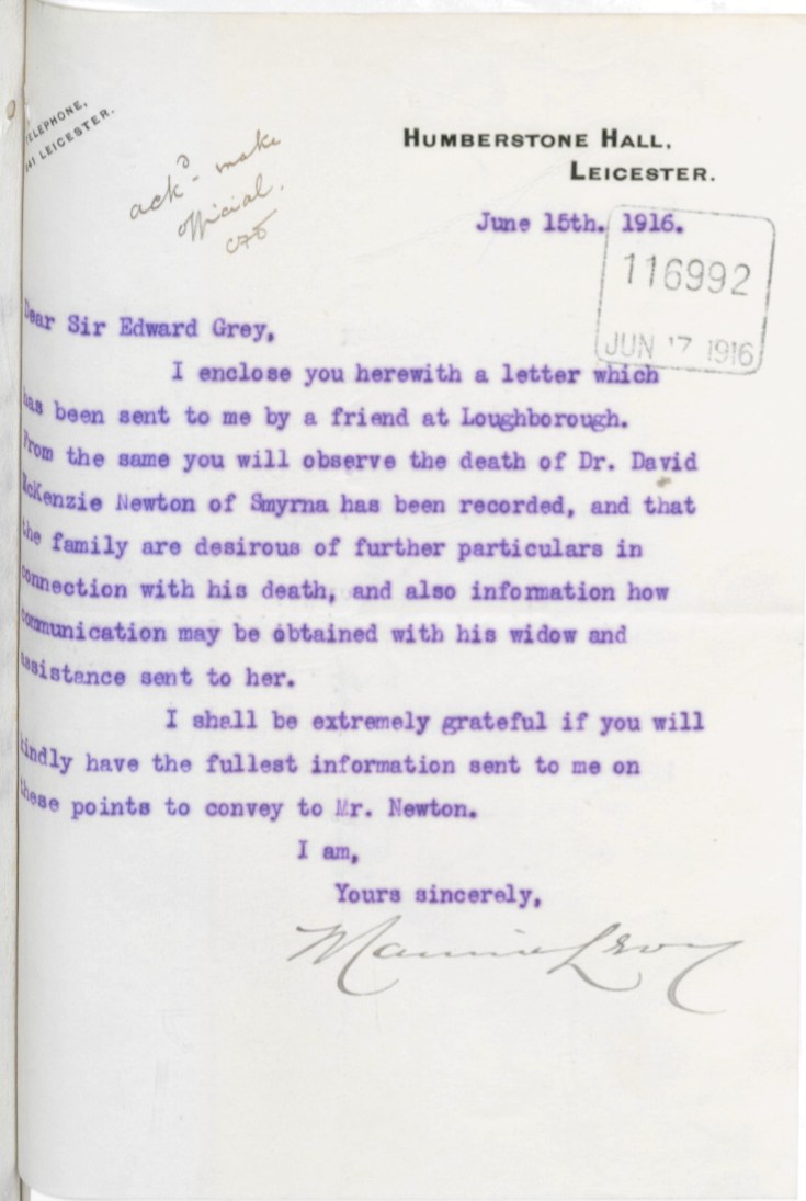 06.15 Maurice Levy MP to Sir Edward Grey 15 june 1916 cover letter for the John Newton letter