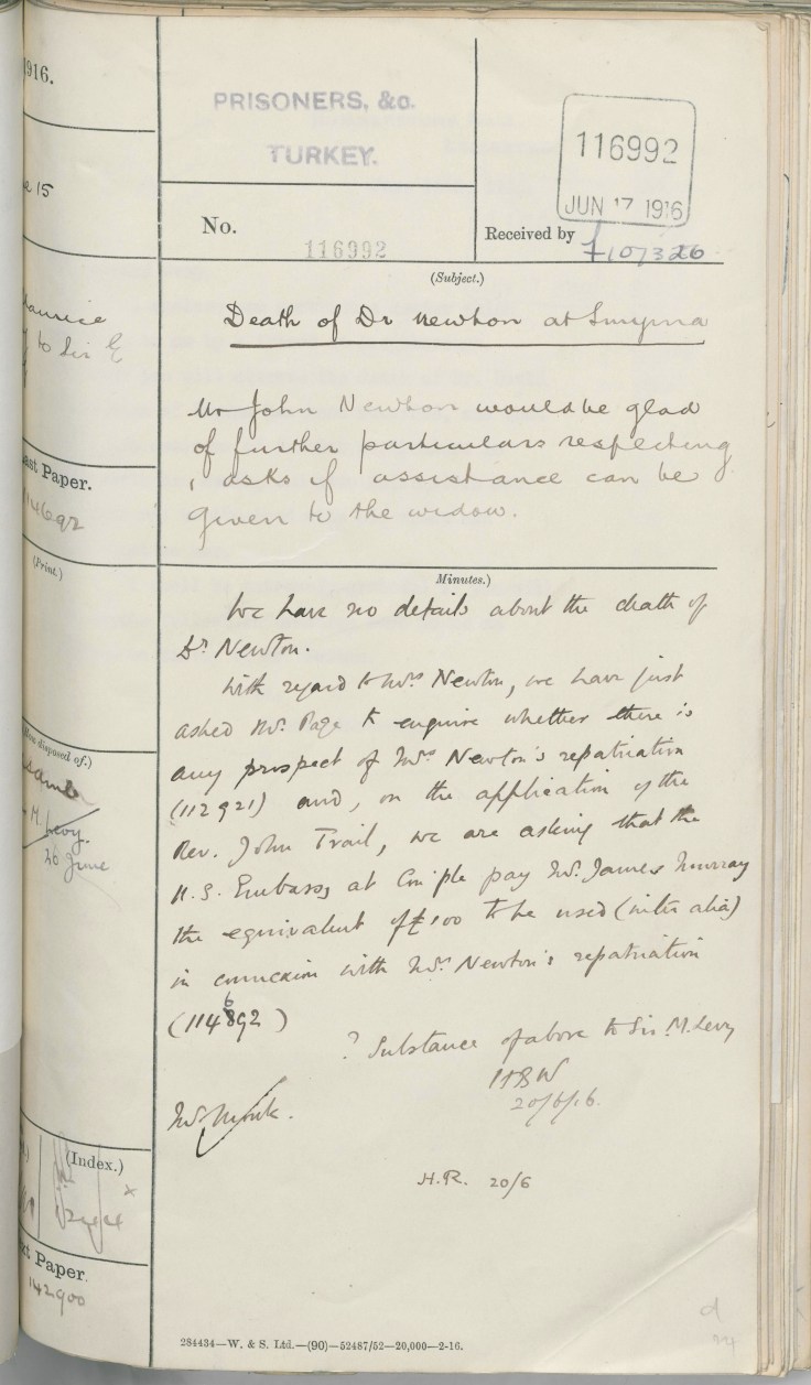 06.15 smyrna FO chit with draft of details to reply to John Newton's letter jun 17 1916