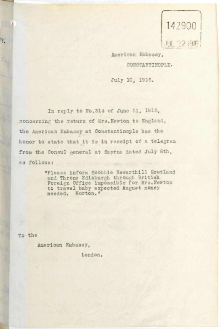 07.10 smyrna american embassy and FO ebeth scobbie unable to travel july 1916