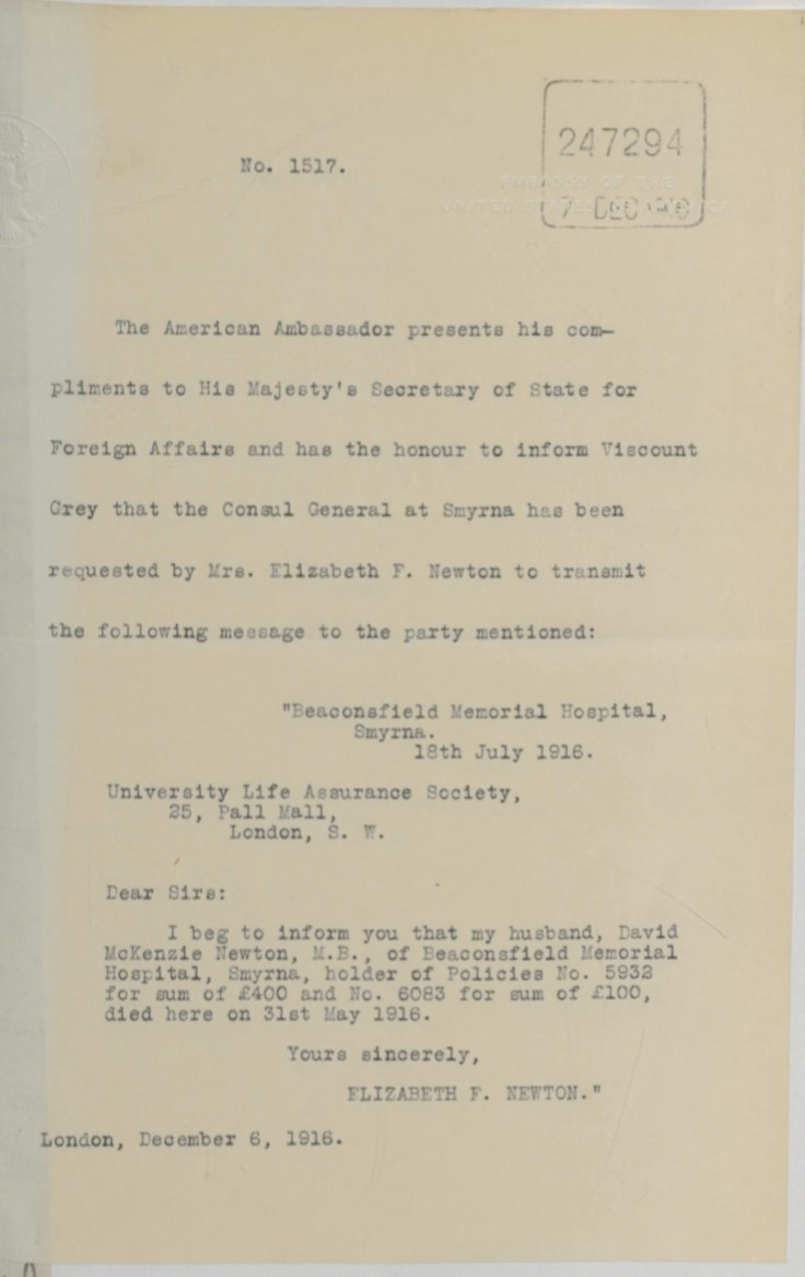 07.18 smyrna letter ebeth newton to insurers jul 16 1916 via embassy dec 6 1916
