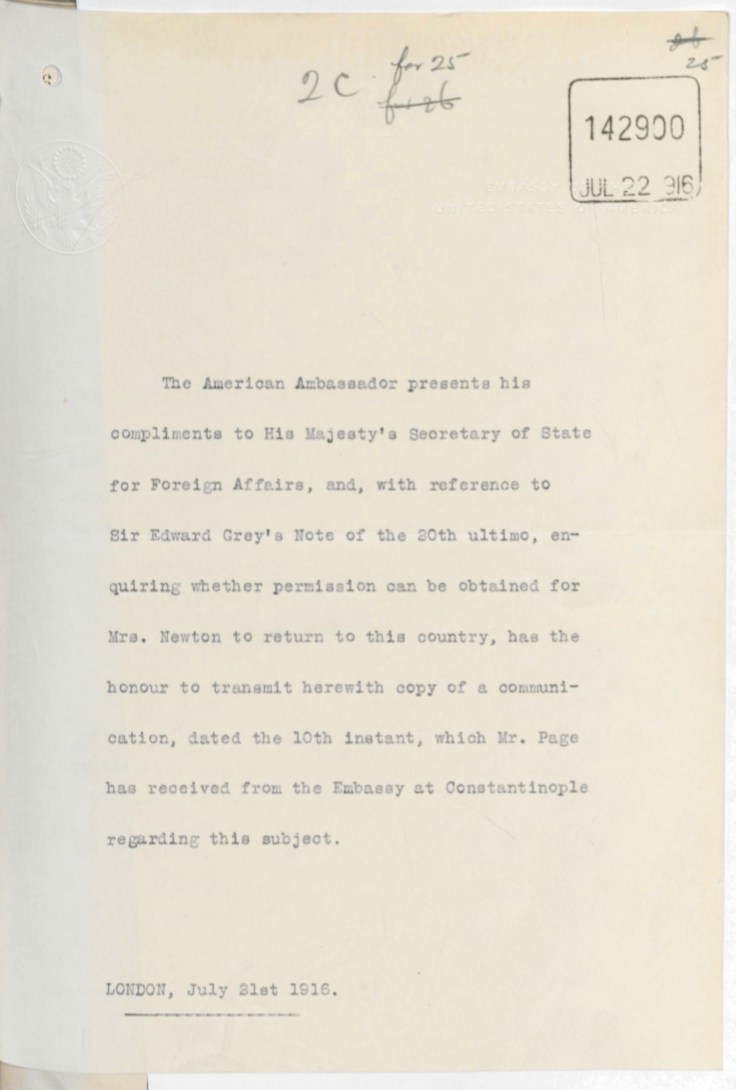07.21 smyrna american embassy and FO ebeth scobbie unable to travel july 21 1916 american UK cover letter