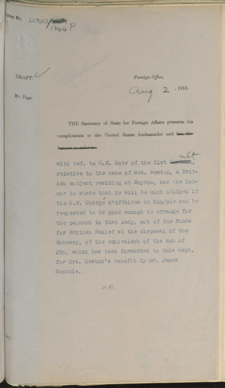 08.02 draft smyrna FO to US embassy request £50 aug 2 1916 draft