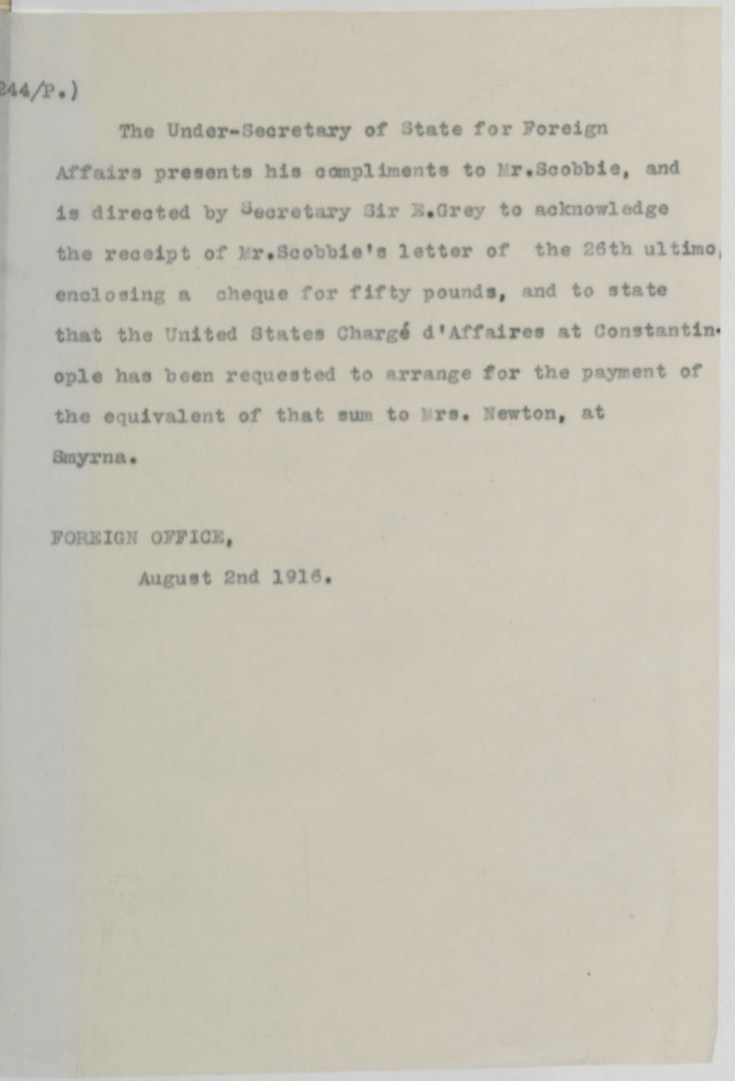 08.02 smyrna US embassy receipt £50 FO aug 2 1916