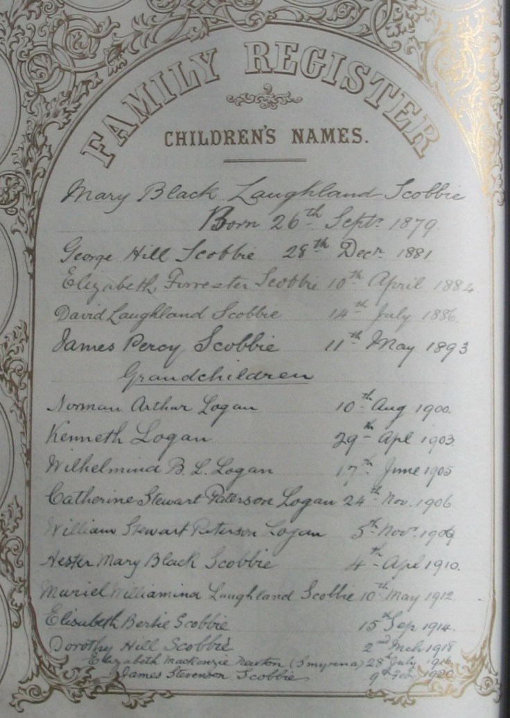 Photograph of the Children's Names page of a large heavily bound "family bible"