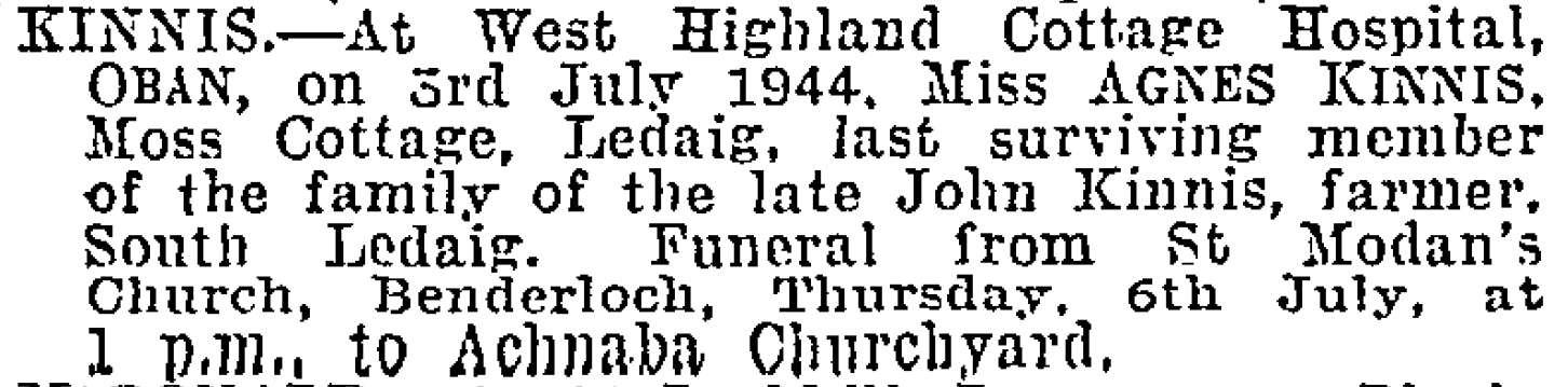 kinnis death notice 1944